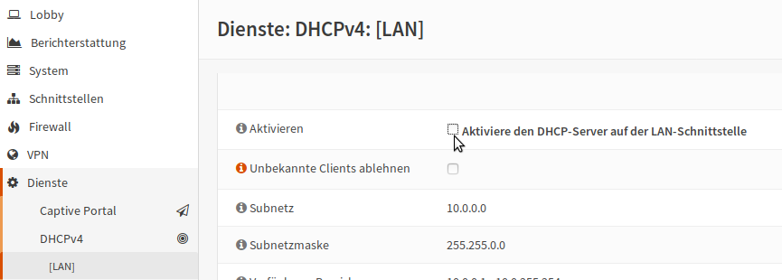 OPNsense: GUI - deactivate DHCP