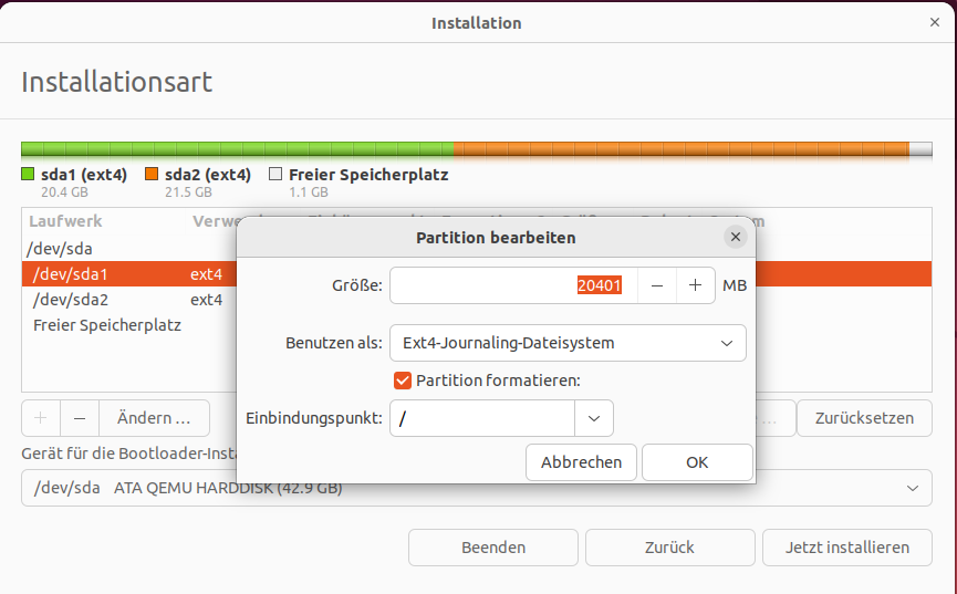 Ubuntu Installation Method - Partition Settings