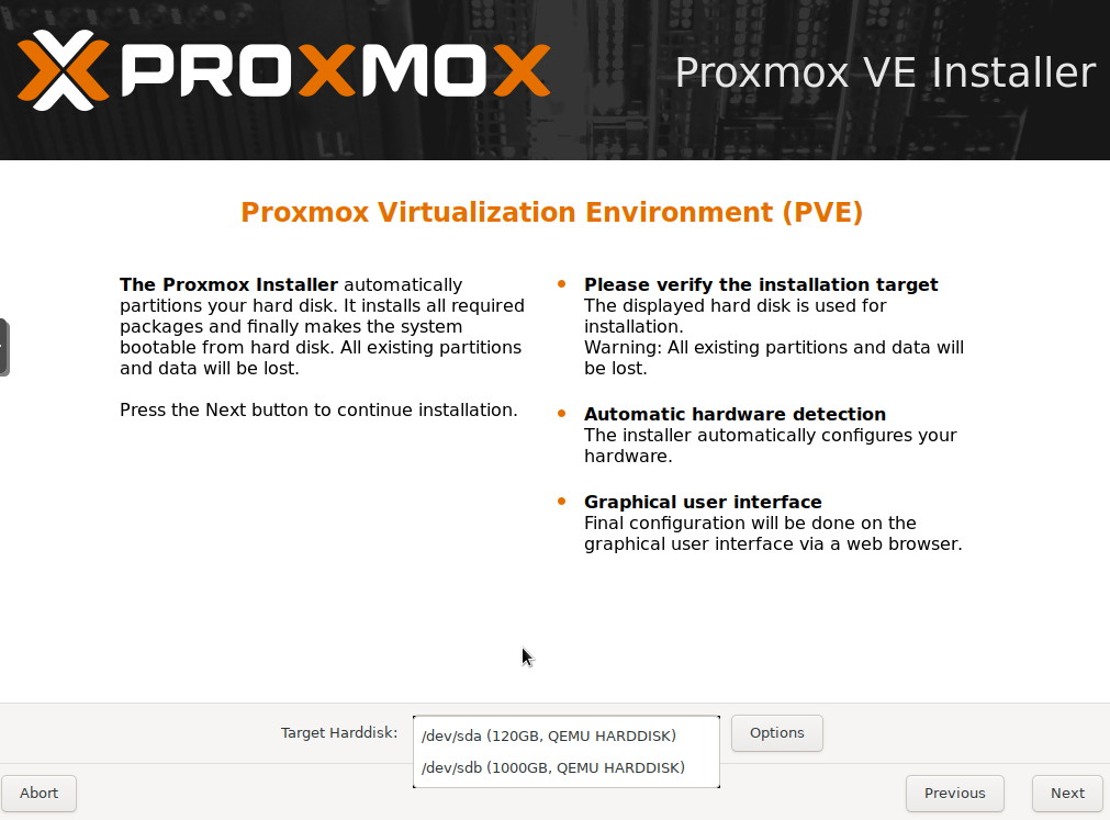 Proxmox Installation Wahl der Festplatten
