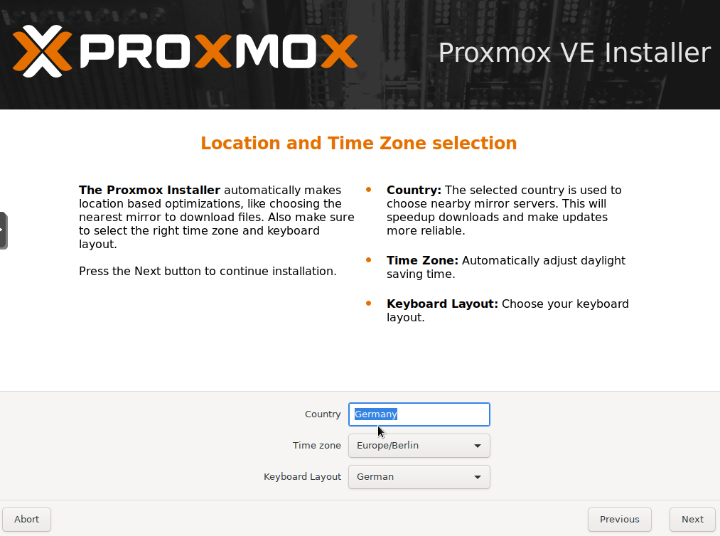 Proxmox Installation Zeitzone