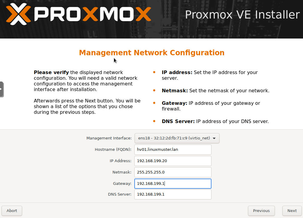 Proxmox Installation Netzwerk Konfiguration