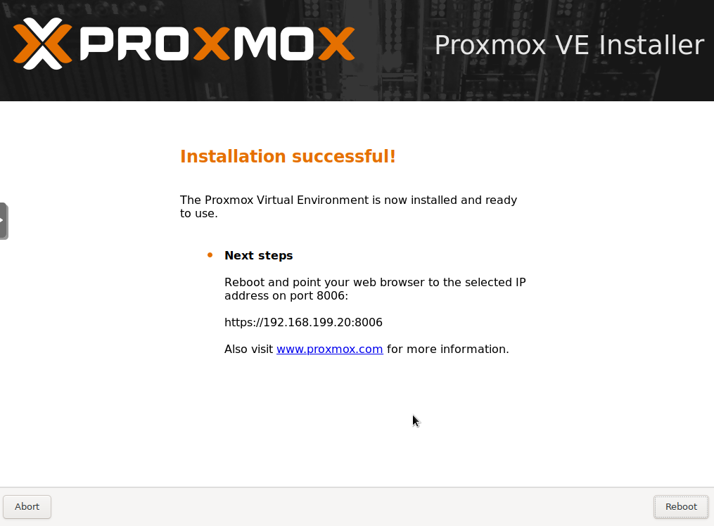 Proxmox Installation erfolgreich beendet