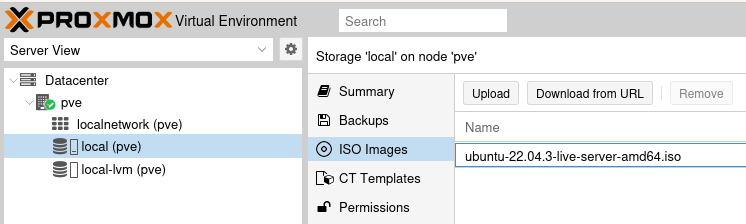 Proxmox ISO Images folder view