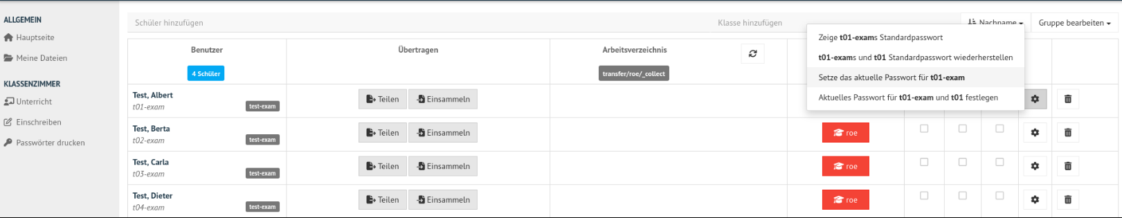 Reset exam password for users