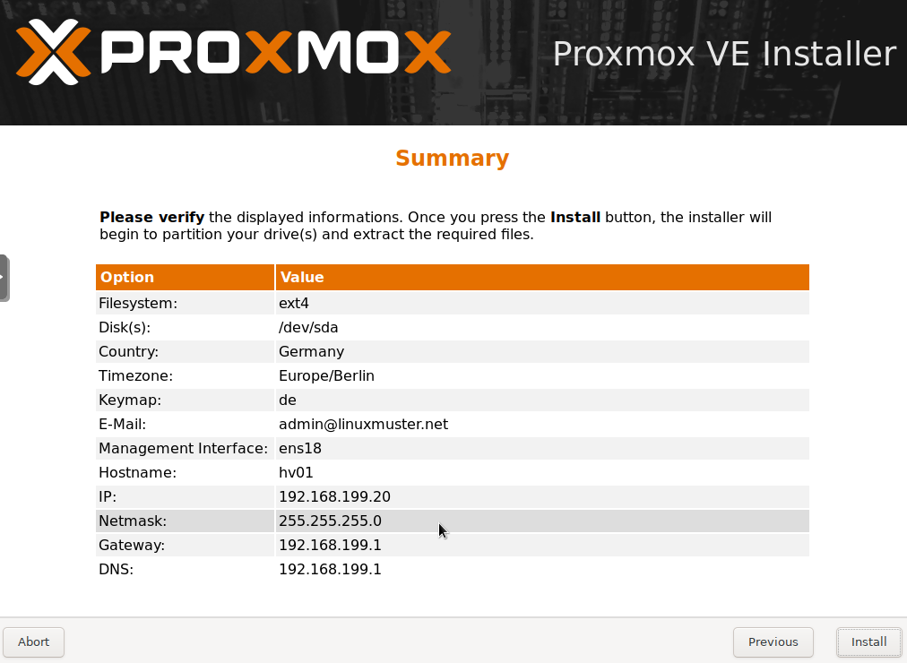 Proxmox Installation Übersicht