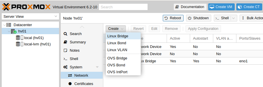 Proxmox-Übersicht hv01 - Network - Create - Linux Bridge
