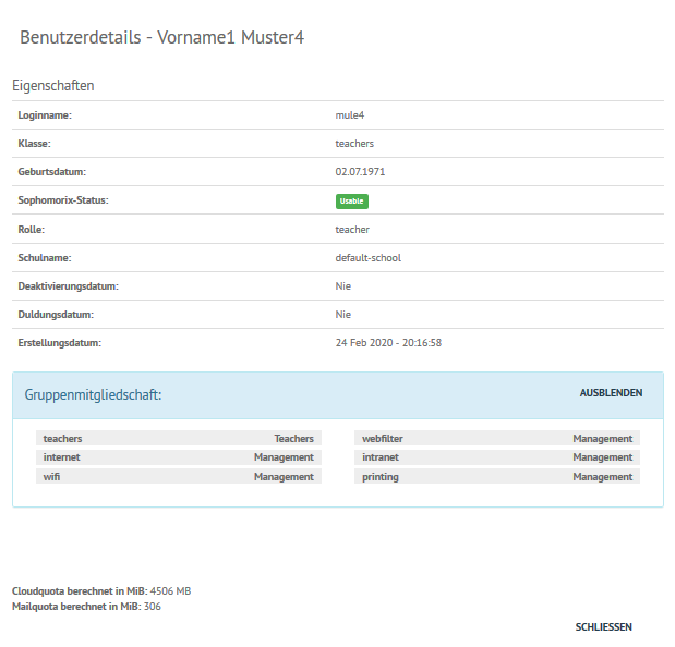 Benutzer-Quotas Infos Lehrer