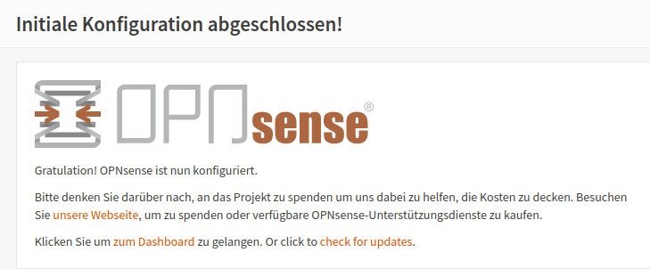 OPNsense: GUI - setup succesfull