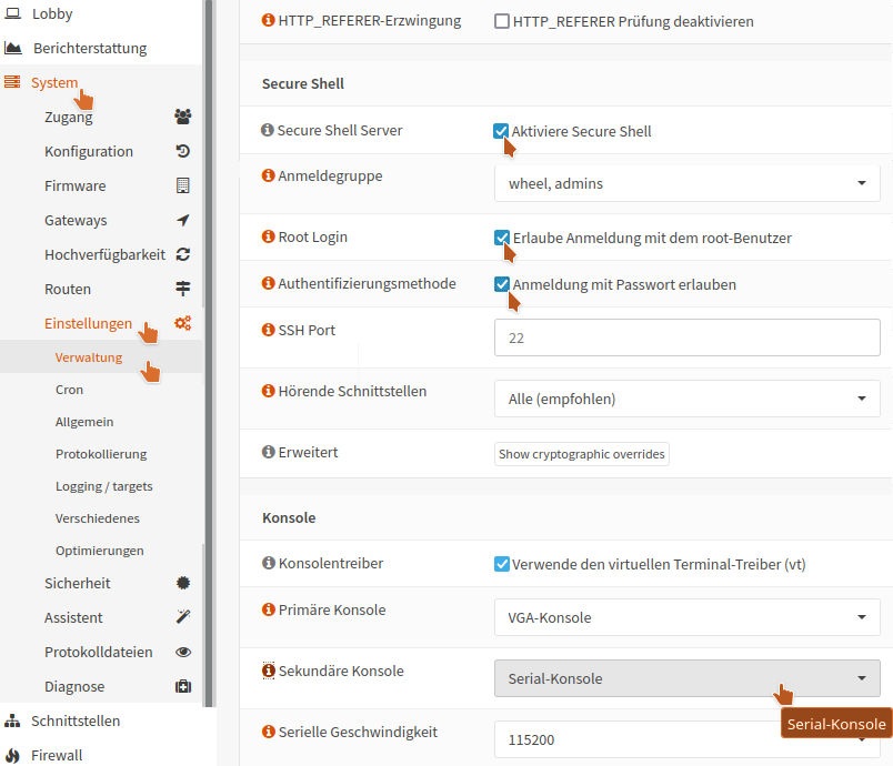 OPNsense: GUI - activate ssh