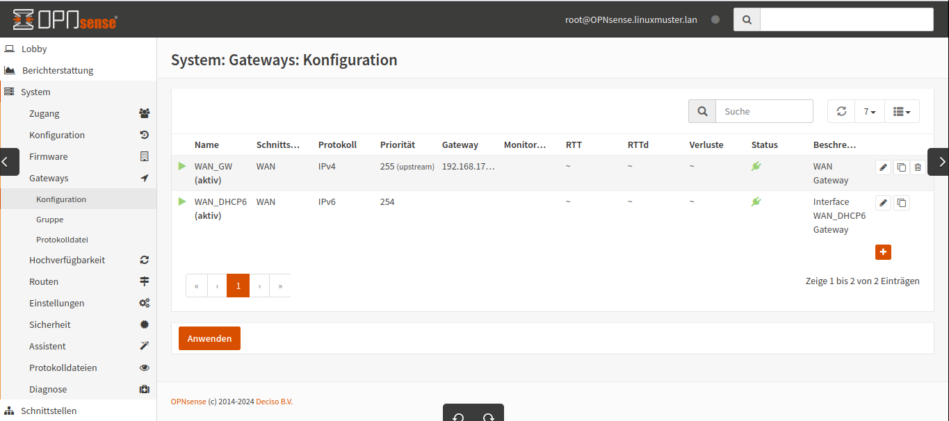 OPNsense: Gateway configuration