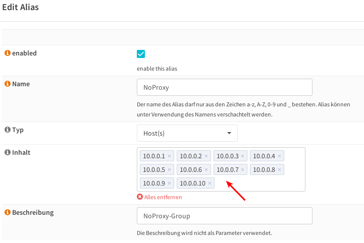 Edit the alias NoProxy