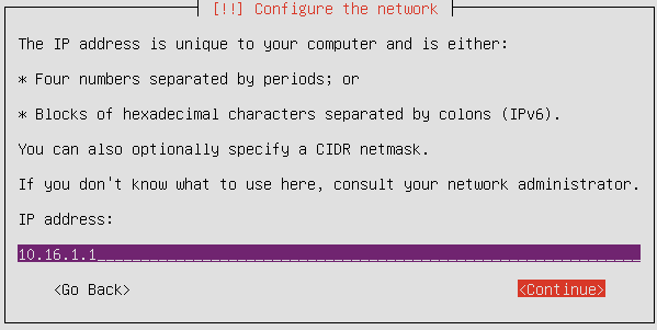 Schritt 10 der Installation des Ubuntu-Servers: Eingabe der IP-Adresse des Servers